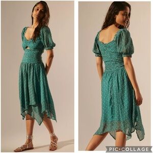Anthropologie Puff Sleeve‎ Cut Out Midi Dress Green 14
